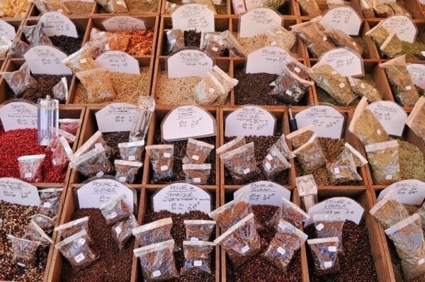 Europe, France, Provence, Alpes Maritimes, Cote d'Azur, Nice, Various types of peppers and spices on market stall